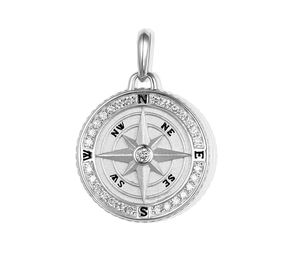 WHITE 14K GOLD AND DIAMOND SMALL COMPASS PENDANT